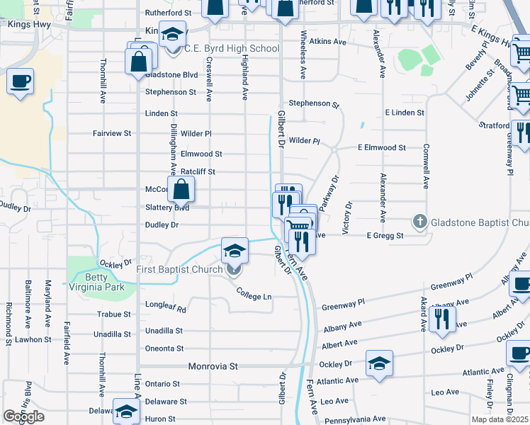 map of restaurants, bars, coffee shops, grocery stores, and more near 425 Slattery Boulevard in Shreveport