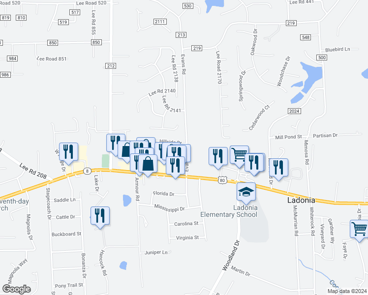 map of restaurants, bars, coffee shops, grocery stores, and more near 1 Hillside Drive in Phenix City