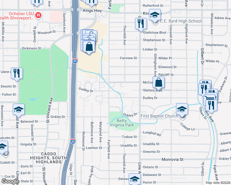 map of restaurants, bars, coffee shops, grocery stores, and more near 51 Tealwood in Shreveport