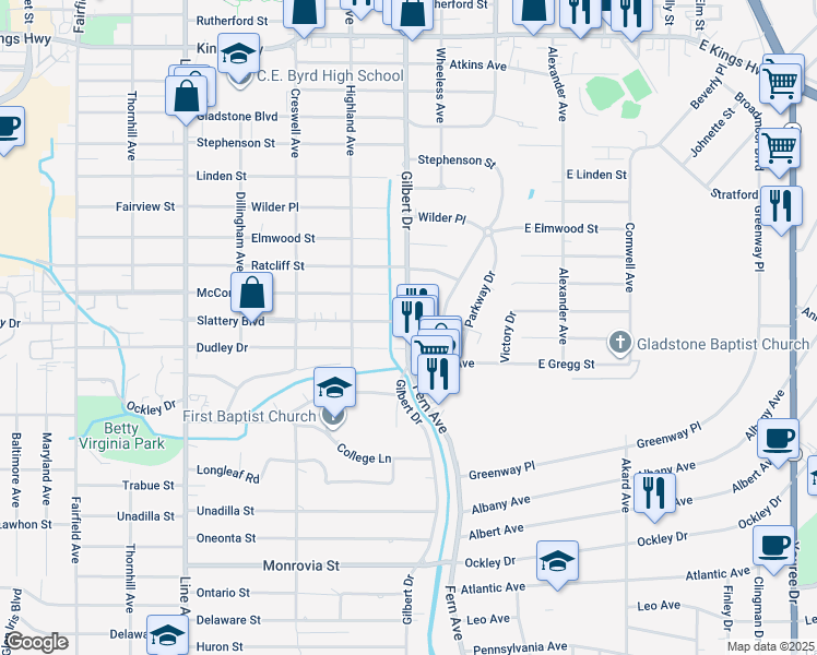 map of restaurants, bars, coffee shops, grocery stores, and more near 425 Slattery Boulevard in Shreveport