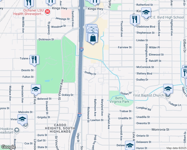 map of restaurants, bars, coffee shops, grocery stores, and more near 1101 Dudley Drive in Shreveport