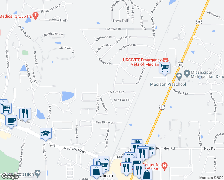 map of restaurants, bars, coffee shops, grocery stores, and more near 534 Live Oak Drive in Madison