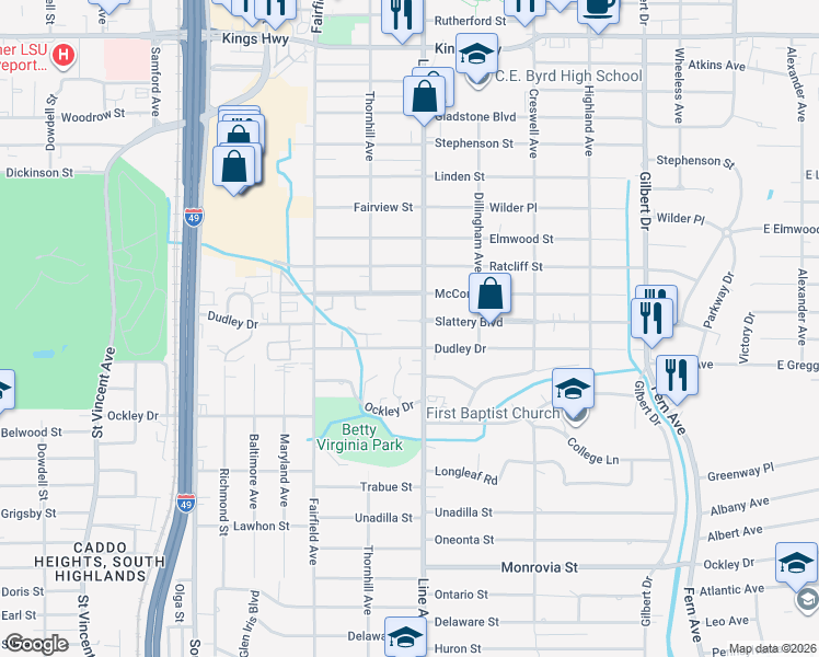 map of restaurants, bars, coffee shops, grocery stores, and more near 815 Slattery Boulevard in Shreveport