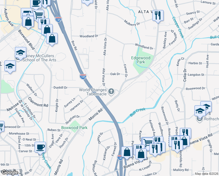 map of restaurants, bars, coffee shops, grocery stores, and more near 1249 Alta Vista Drive in Columbus