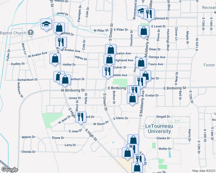 map of restaurants, bars, coffee shops, grocery stores, and more near 1714 South Green Street in Longview