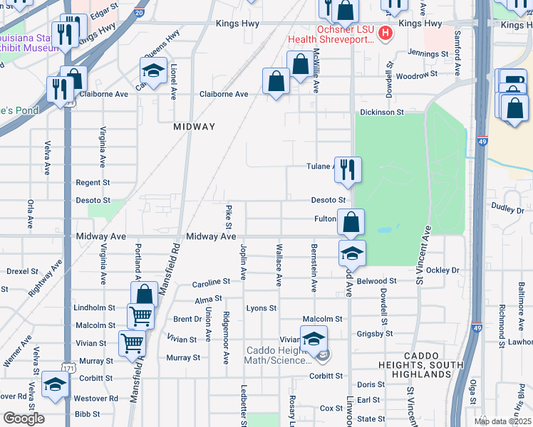 map of restaurants, bars, coffee shops, grocery stores, and more near 1822 Fulton Street in Shreveport