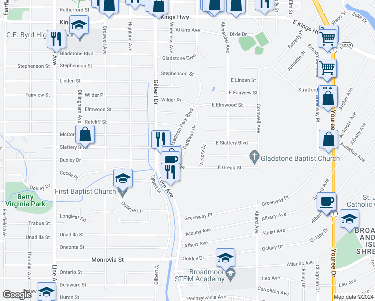 map of restaurants, bars, coffee shops, grocery stores, and more near 3743 Parkway Drive in Shreveport