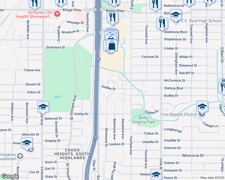 map of restaurants, bars, coffee shops, grocery stores, and more near 1101 Dudley Drive in Shreveport