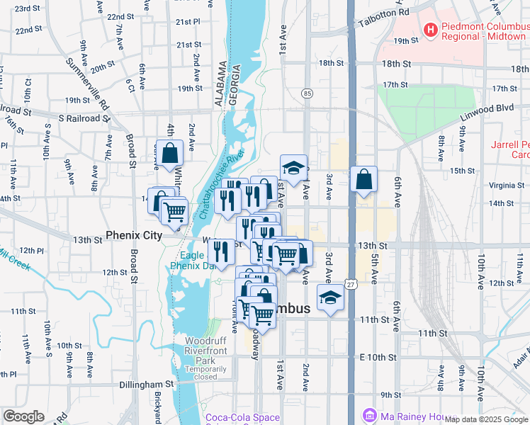 map of restaurants, bars, coffee shops, grocery stores, and more near 1346 Broadway in Columbus