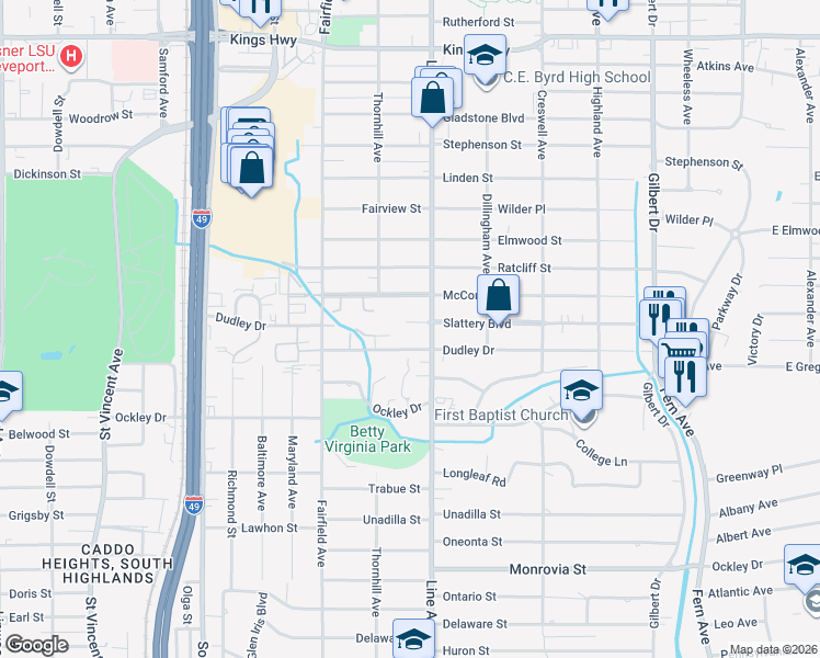 map of restaurants, bars, coffee shops, grocery stores, and more near 815 Slattery Boulevard in Shreveport