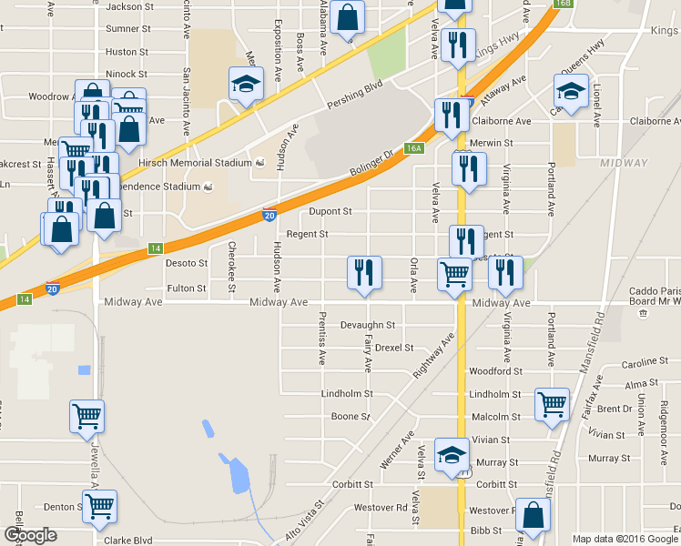 map of restaurants, bars, coffee shops, grocery stores, and more near 3048 Fulton Street in Shreveport