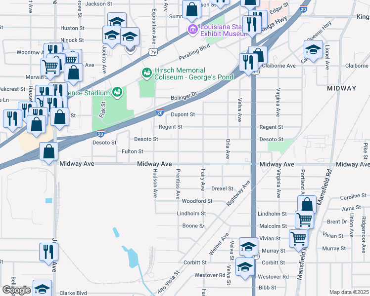 map of restaurants, bars, coffee shops, grocery stores, and more near 3048 Fulton Street in Shreveport