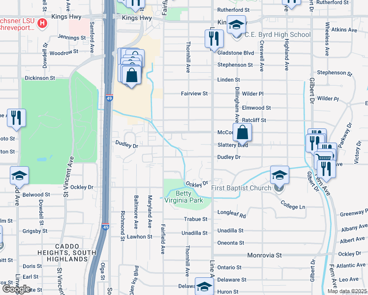 map of restaurants, bars, coffee shops, grocery stores, and more near 16 Tealwood in Shreveport