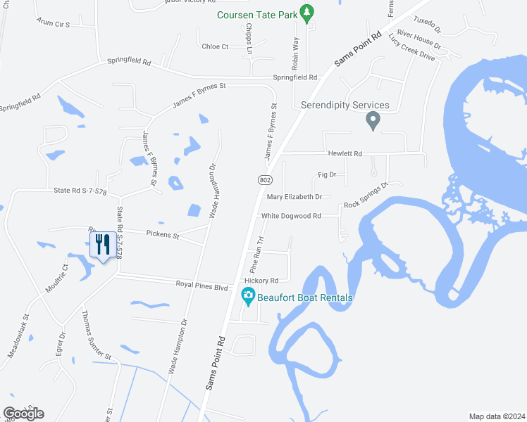 map of restaurants, bars, coffee shops, grocery stores, and more near 1 State Road S-7-428 in Beaufort