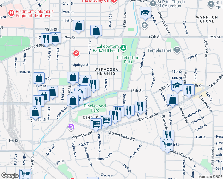 map of restaurants, bars, coffee shops, grocery stores, and more near 1601 13th Street in Columbus