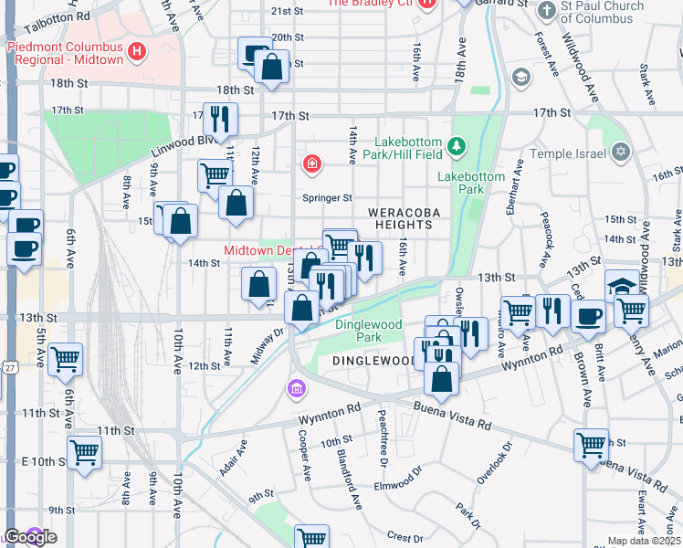 map of restaurants, bars, coffee shops, grocery stores, and more near 1359 13th Street in Columbus