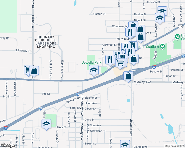map of restaurants, bars, coffee shops, grocery stores, and more near 3840 Greenwood Road in Shreveport
