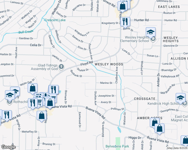 map of restaurants, bars, coffee shops, grocery stores, and more near 5237 Burbank Street in Columbus