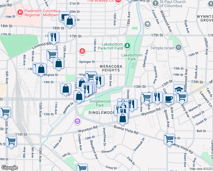 map of restaurants, bars, coffee shops, grocery stores, and more near 1341-1349 15th Avenue in Columbus