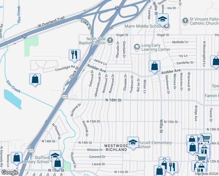map of restaurants, bars, coffee shops, grocery stores, and more near 1917 Rosewood Drive in Abilene