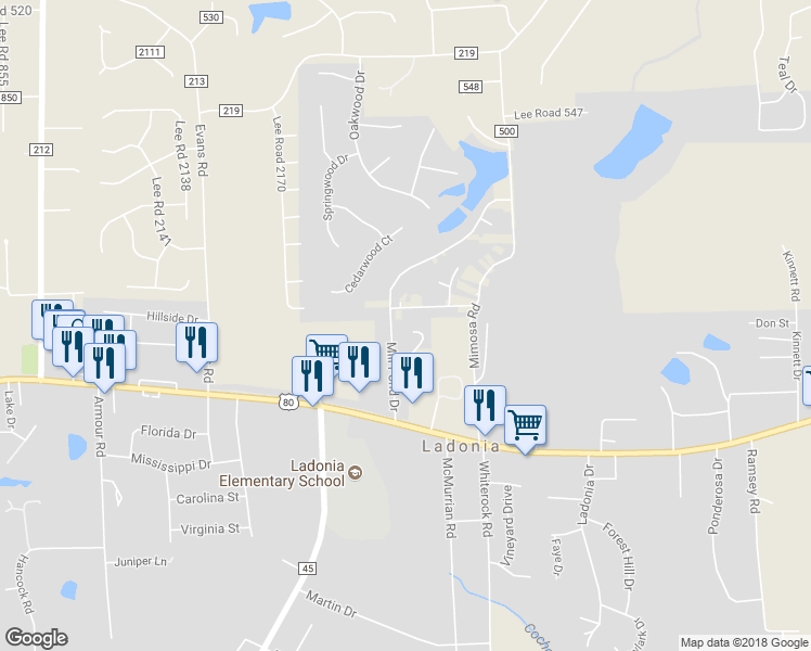 map of restaurants, bars, coffee shops, grocery stores, and more near 15 Millpond Court in Phenix City