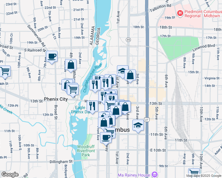 map of restaurants, bars, coffee shops, grocery stores, and more near 1346 Broadway in Columbus