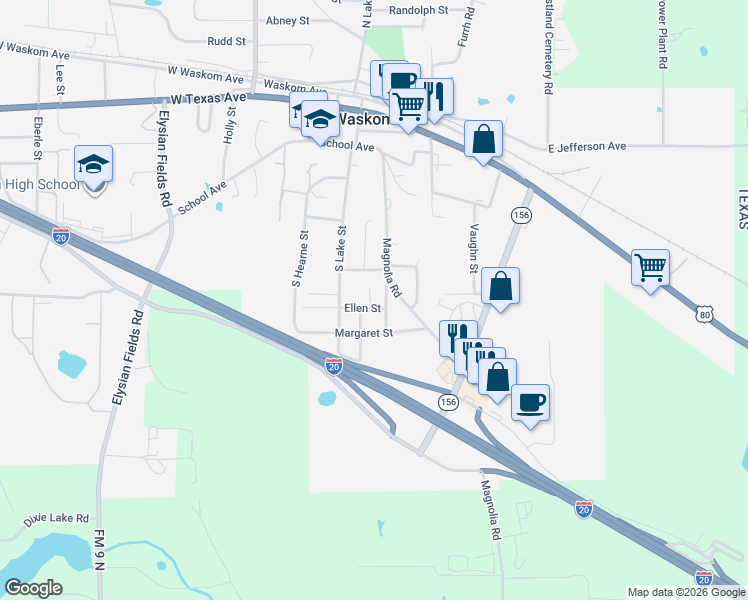 map of restaurants, bars, coffee shops, grocery stores, and more near 270 Ellen Street in Waskom