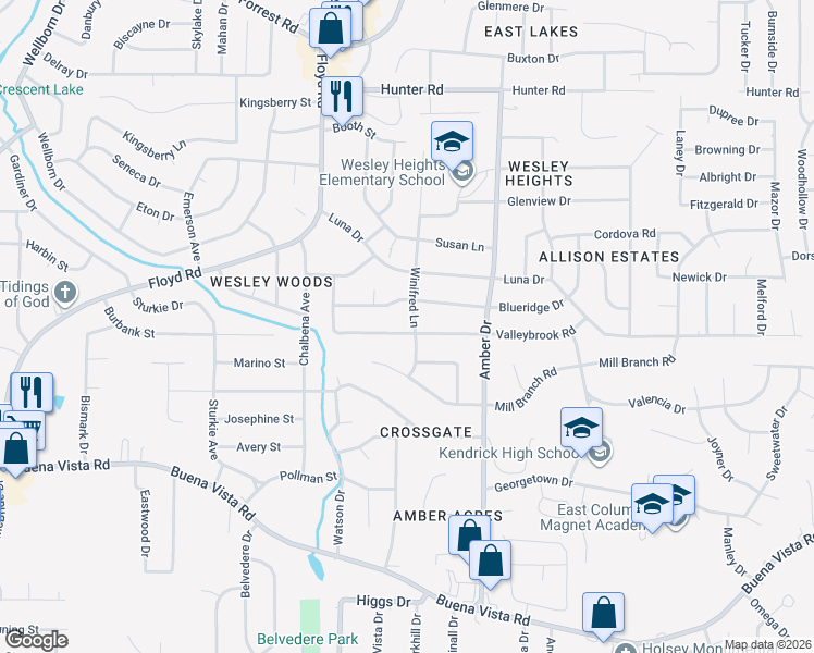 map of restaurants, bars, coffee shops, grocery stores, and more near 1323 Winifred Lane in Columbus