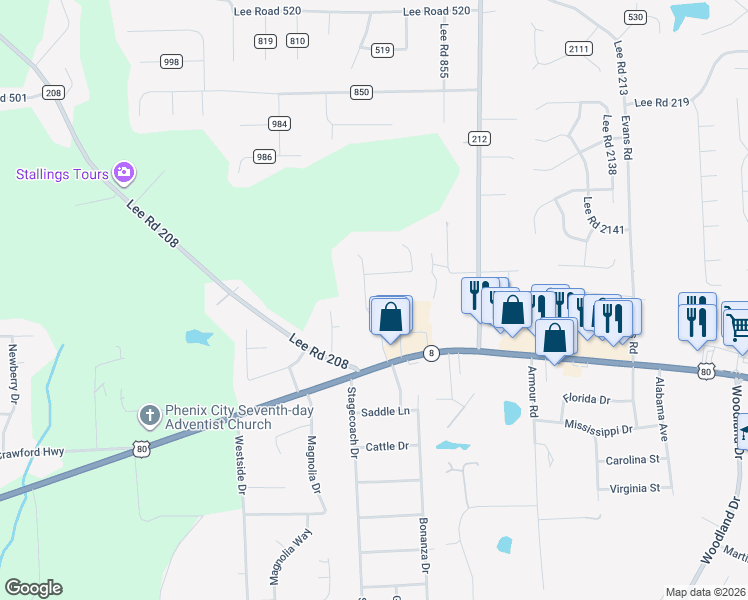 map of restaurants, bars, coffee shops, grocery stores, and more near West Ridge Drive in Phenix City