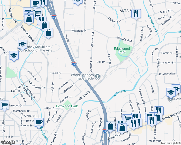 map of restaurants, bars, coffee shops, grocery stores, and more near 1249 Alta Vista Drive in Columbus