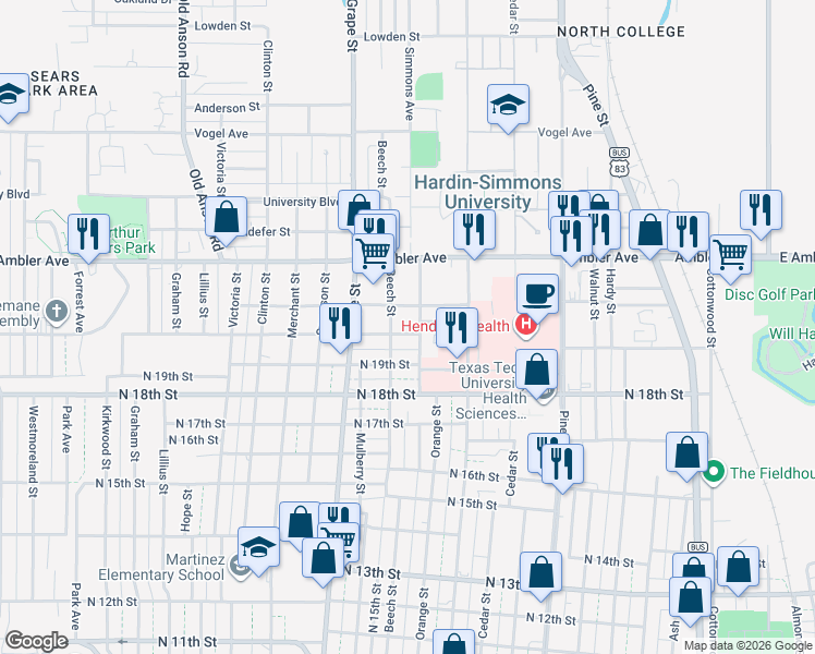 map of restaurants, bars, coffee shops, grocery stores, and more near 1441 Compere Boulevard in Abilene