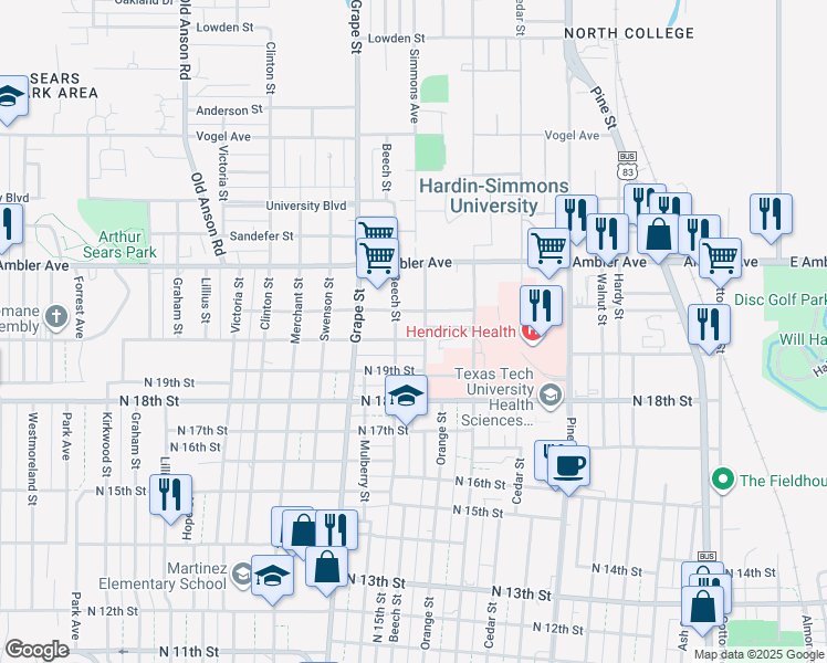 map of restaurants, bars, coffee shops, grocery stores, and more near 1441 Compere Boulevard in Abilene