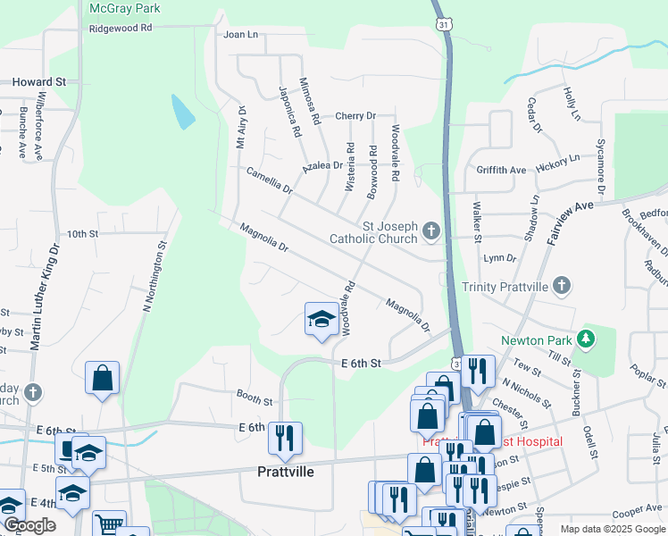 map of restaurants, bars, coffee shops, grocery stores, and more near 208 Magnolia Drive in Prattville