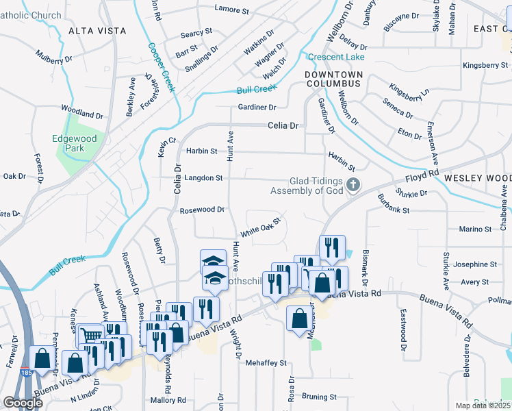 map of restaurants, bars, coffee shops, grocery stores, and more near 4619 Encina Drive in Columbus