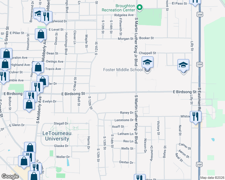 map of restaurants, bars, coffee shops, grocery stores, and more near 1109 East Birdsong Street in Longview