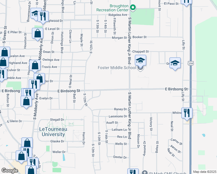 map of restaurants, bars, coffee shops, grocery stores, and more near 1111 East Birdsong Street in Longview