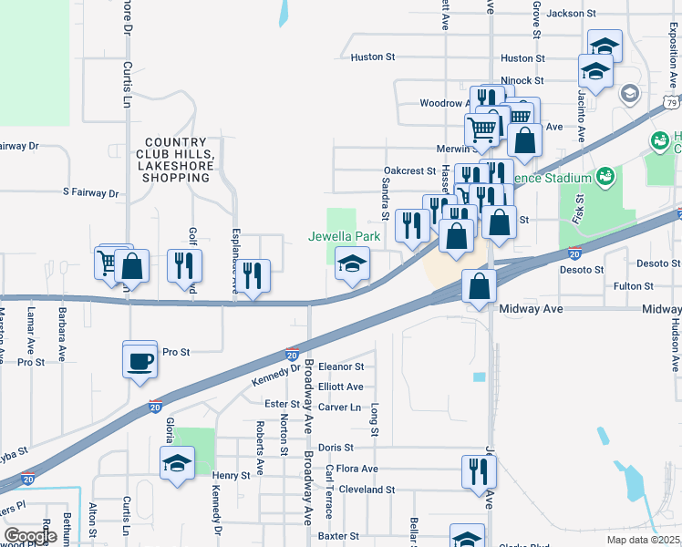 map of restaurants, bars, coffee shops, grocery stores, and more near 3840 Greenwood Road in Shreveport
