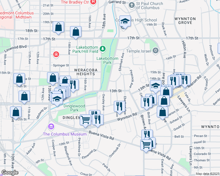 map of restaurants, bars, coffee shops, grocery stores, and more near 1903 13th Street in Columbus