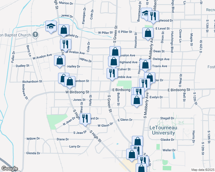 map of restaurants, bars, coffee shops, grocery stores, and more near 1714 South Green Street in Longview