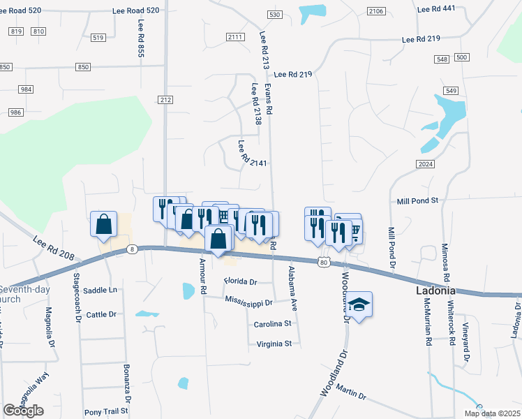 map of restaurants, bars, coffee shops, grocery stores, and more near 6 Hillside Drive in Phenix City