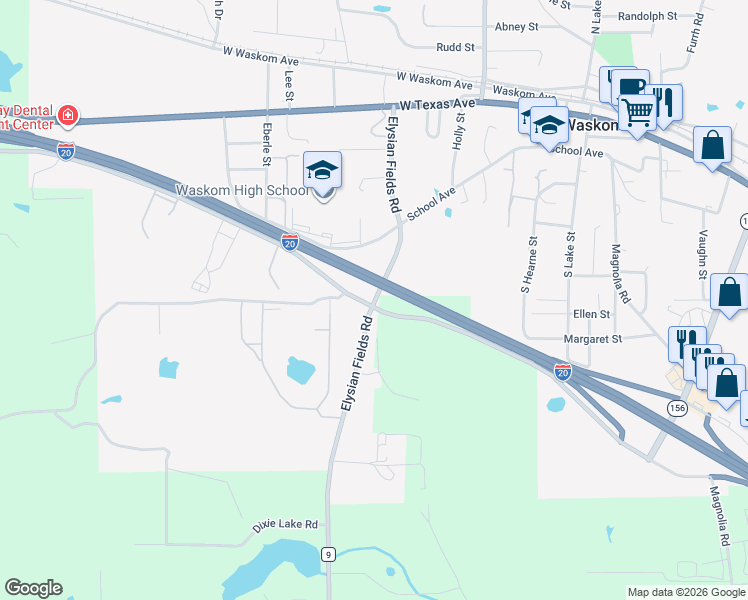 map of restaurants, bars, coffee shops, grocery stores, and more near 835 Elysian Fields Road in Waskom