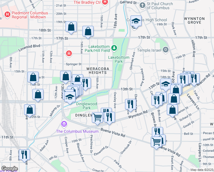map of restaurants, bars, coffee shops, grocery stores, and more near 1308 13th Street in Columbus