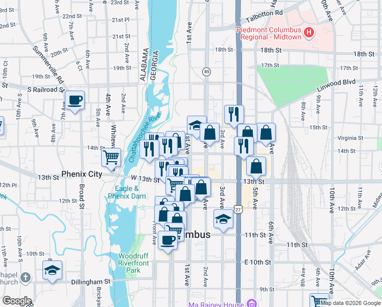 map of restaurants, bars, coffee shops, grocery stores, and more near 1310-1386 1st Avenue in Columbus