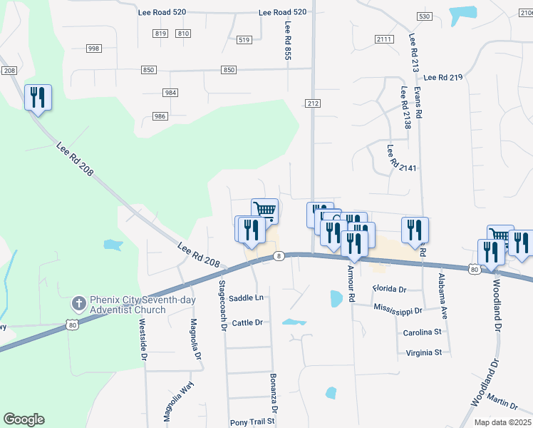 map of restaurants, bars, coffee shops, grocery stores, and more near 3952 WS US Hwy 80 in Phenix City