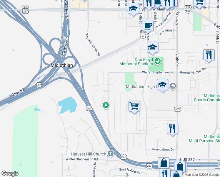 map of restaurants, bars, coffee shops, grocery stores, and more near 940 Jenni Drive in Midlothian