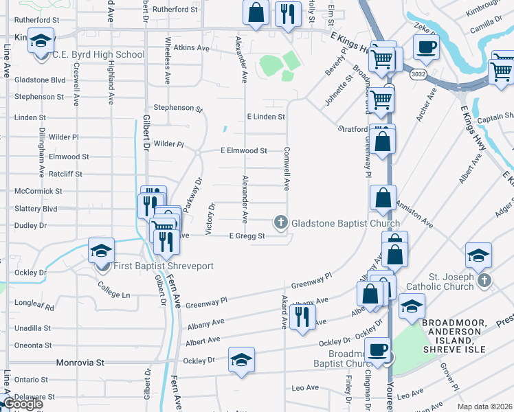 map of restaurants, bars, coffee shops, grocery stores, and more near 218 East Dudley Drive in Shreveport