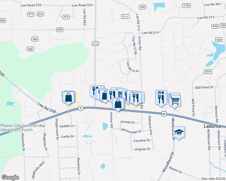 map of restaurants, bars, coffee shops, grocery stores, and more near 33 Hillside Drive in Phenix City