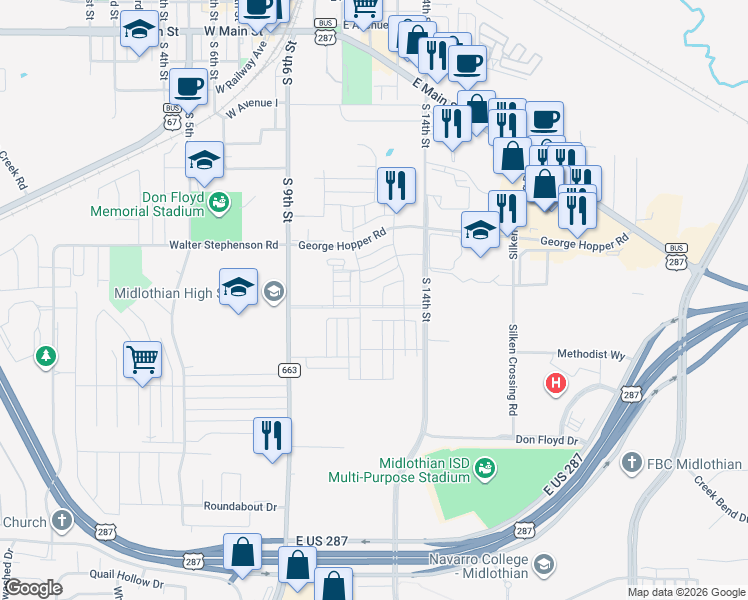 map of restaurants, bars, coffee shops, grocery stores, and more near 991 Abigail Way in Midlothian