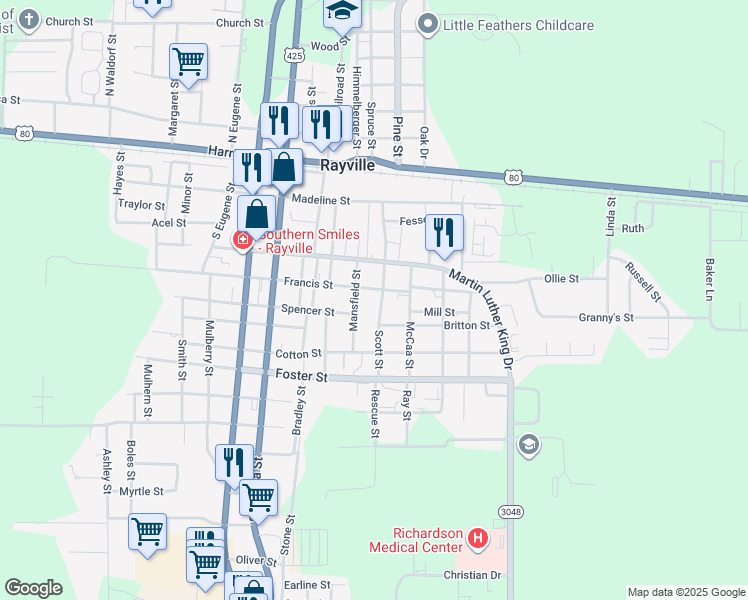 map of restaurants, bars, coffee shops, grocery stores, and more near 406 Scott Street in Rayville