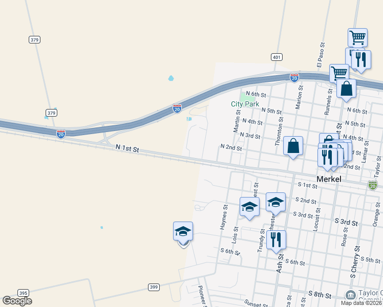 map of restaurants, bars, coffee shops, grocery stores, and more near 101 High Cotton Parkway in Merkel